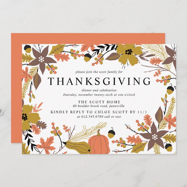 Boho Autumn Leaves Thanksgiving Dinner Invitation (Front/Back)