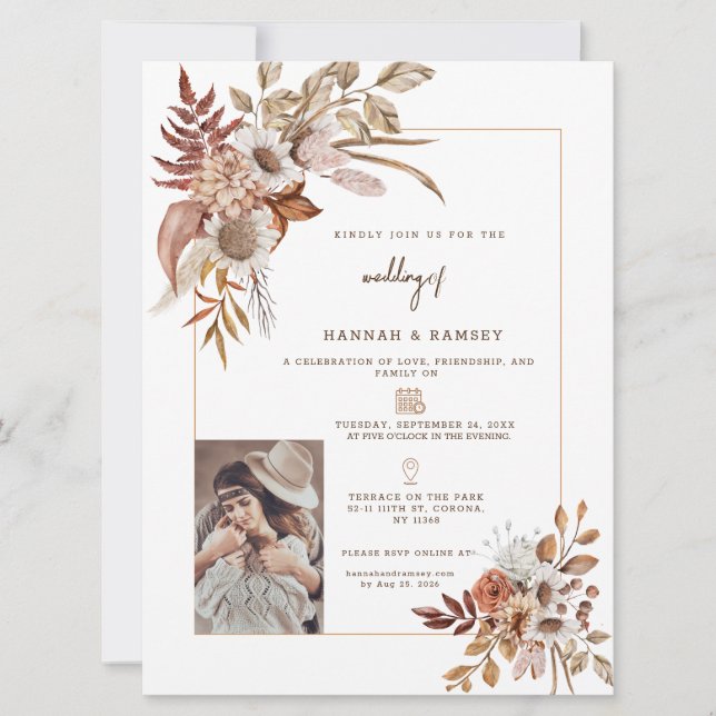 Boho Autumn Photo Wedding Invitation. Invitation (Front)