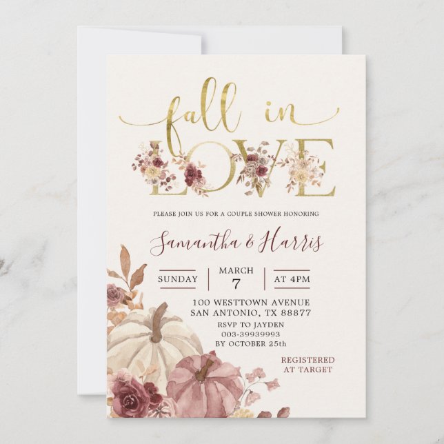Boho Autumn Pumpkin Floral Fall in Love Couple Invitation (Front)