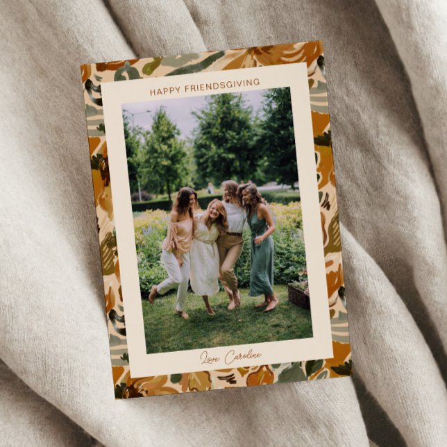 Boho Autumn Terracotta Floral Photo Friendsgiving  Holiday Card (Creator Uploaded)