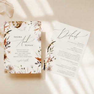 Boho Autumn Wildflower   Beige All In One Wedding Invitation