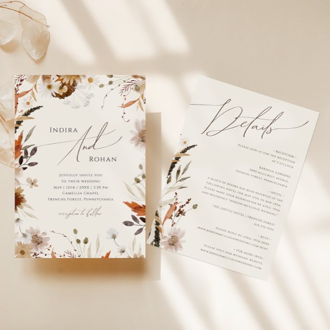 Boho Autumn Wildflower | Beige All In One Wedding Invitation (Creator Uploaded)