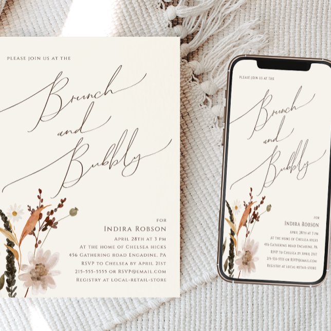 Boho Autumn Wildflower | Beige Brunch and Bubbly Invitation (Creator Uploaded)
