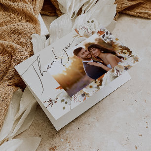 Boho Autumn Wildflower Beige Folded Photo Thank You Card