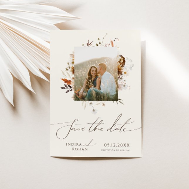 Boho Autumn Wildflower | Beige Photo Frame  Save The Date (Creator Uploaded)