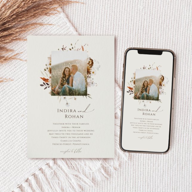 Boho Autumn Wildflower | Beige Photo Frame Wedding Invitation (Creator Uploaded)