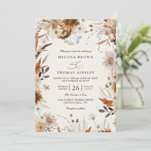 Boho Autumn Wildflower Beige QR Code Wedding Invitation