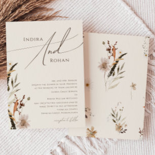 Boho Autumn Wildflower   Beige Traditional Wedding Invitation