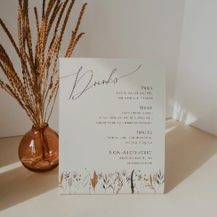 Boho Autumn Wildflower Beige Wedding Drinks Menu Pedestal Sign