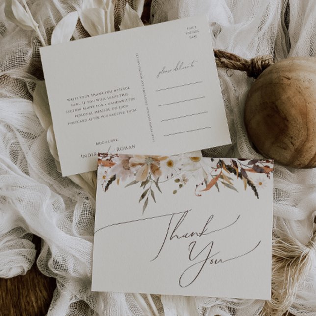 Boho Autumn Wildflower | Beige Wedding Thank You  Postcard (Creator Uploaded)