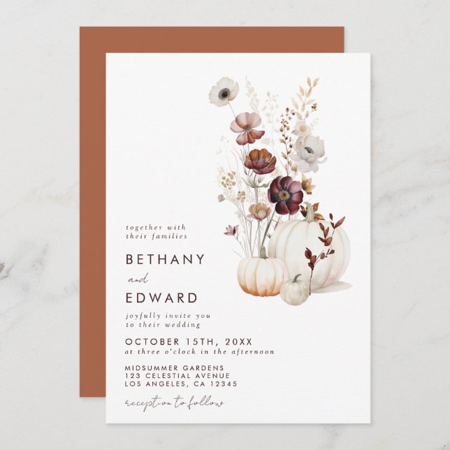 Boho Autumn Wildflower Pumpkin Wedding Invitation (Front/Back)