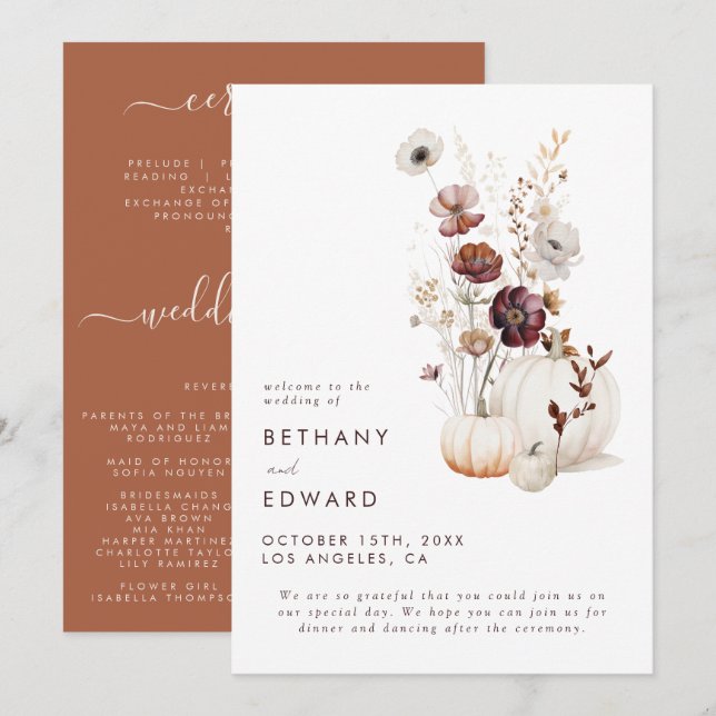 Boho Autumn Wildflower Pumpkin Wedding Programme (Front/Back)