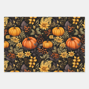 Boho Autumn with Sunflowers, Florals, and Pumpkin Wrapping Paper Sheet