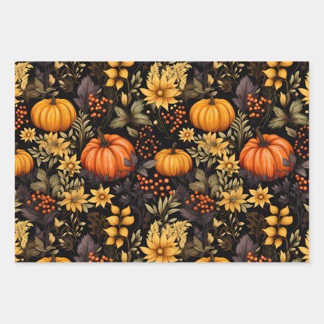 Boho Autumn with Sunflowers, Florals, and Pumpkin Wrapping Paper Sheet (Front)