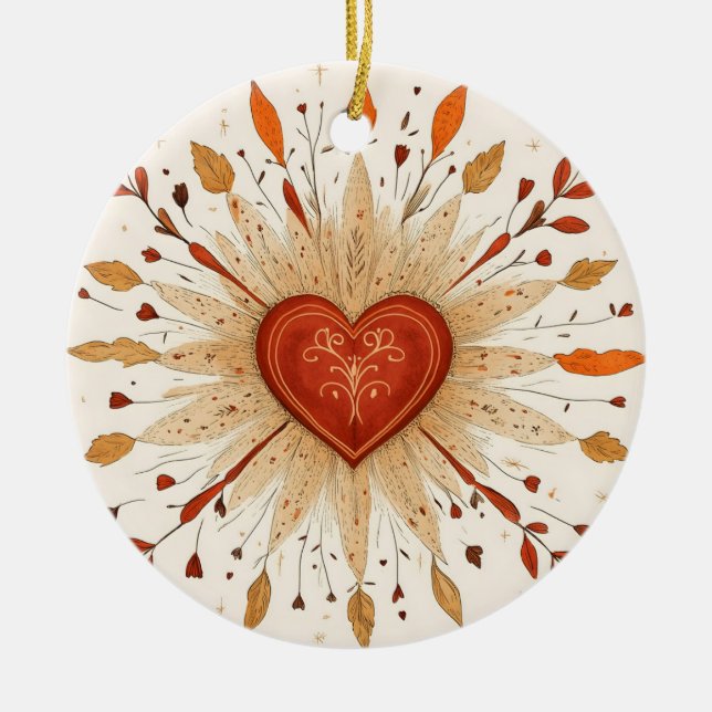 Boho Autumnal Heart Illustration Ceramic Tree Decoration (Front)