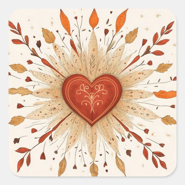 Boho Autumnal Heart Illustration Square Sticker (Front)