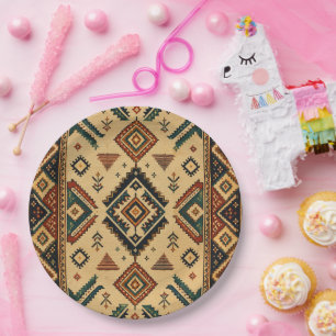 Boho Aztec Tribal Geometric Pattern Round Serving Paper Plate