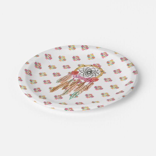 Boho Aztec Watercolor Native American Dreamcatcher Paper Plate (Angled)