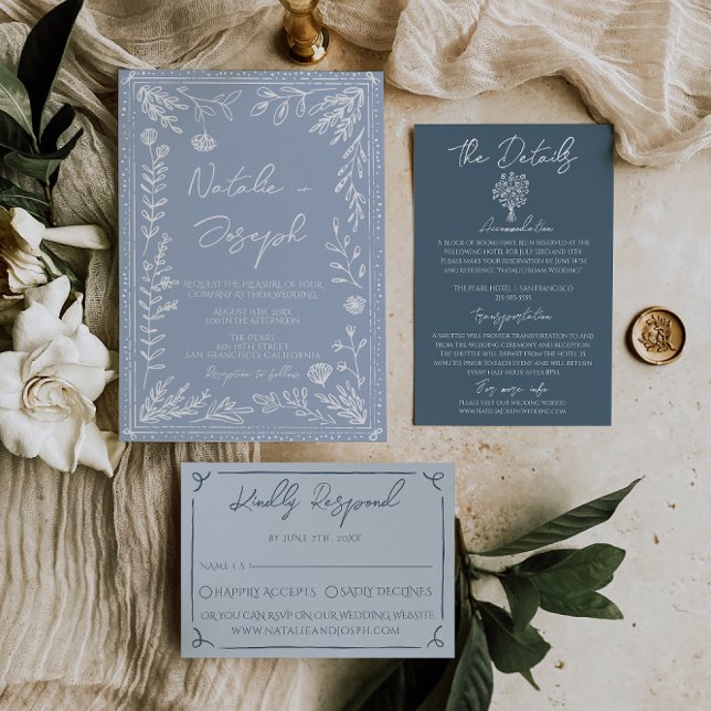 Boho Azure Blue Floral Botanical Modern Wedding Invitation (Creator Uploaded)