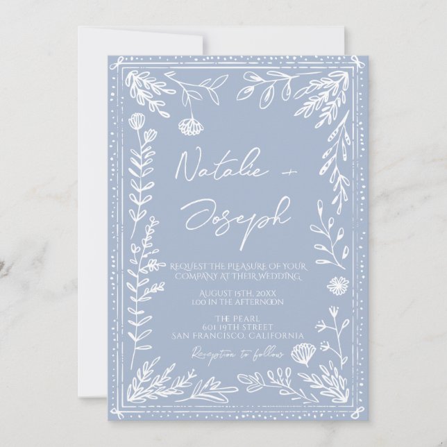 Boho Azure Blue Floral Botanical QR Code Wedding Invitation (Front)