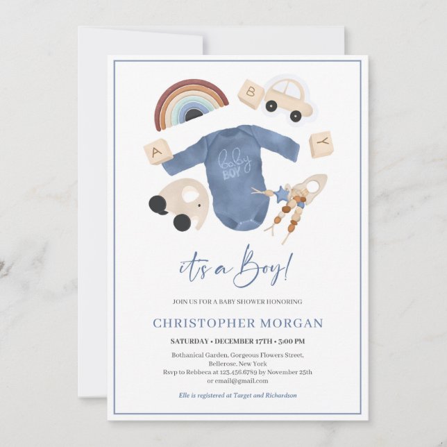 Boho baby boy clothes and wooden toys rainbow invitation (Front)