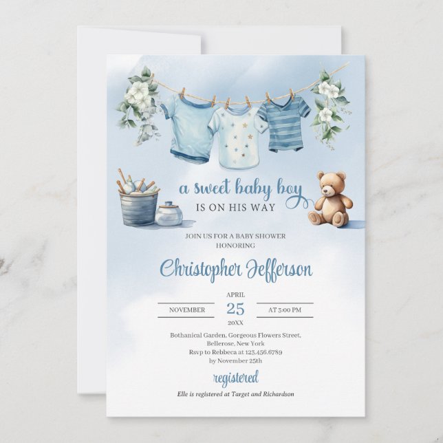 Boho Baby Boy Clothesline eucalyptus teddy bear Invitation (Front)