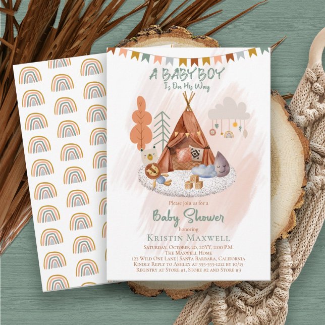 Boho Baby Boy Teepee and Toys Baby Shower  Invitation (Creator Uploaded)