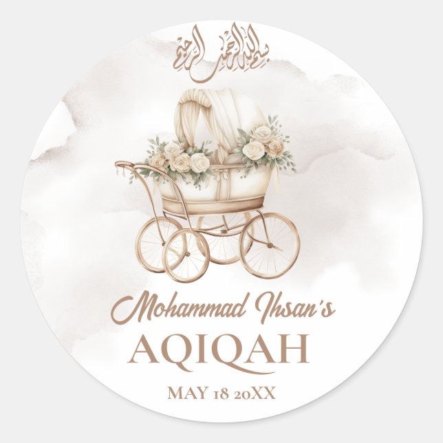 Boho Baby Carriage Aqiqah Unisex Muslim Newborn Classic Round Sticker (Front)