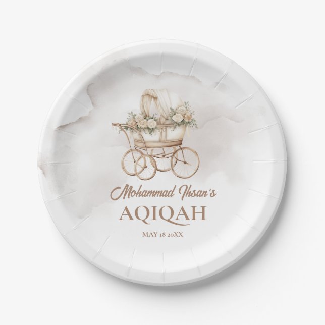 Boho Baby Carriage Aqiqah Unisex Muslim Newborn Paper Plate (Front)