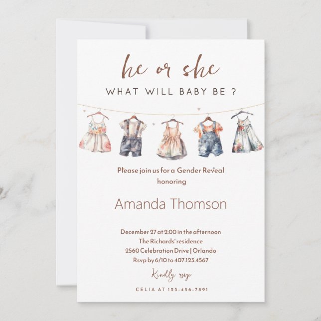 Boho Baby Clothes Gender Reveal  Invitation (Front)