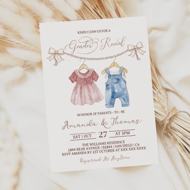 Boho Baby Clothes Pink Blue Gender Reveal Invitation (Creator Uploaded)