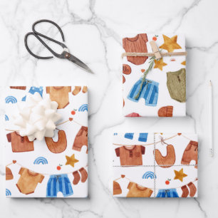 Boho Baby Clothes  Watercolor Baby Shower Birthday Wrapping Paper Sheet