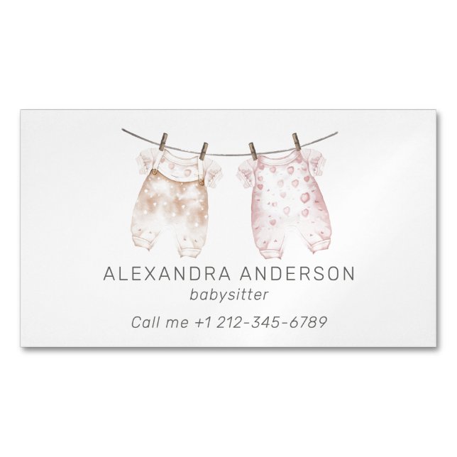 Boho Baby Clothing Watercolor Babysitter Magnetic Business Card (Front)