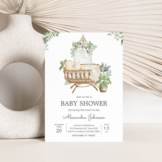 Boho Baby Crib Baby Shower Invitation (Boho Baby Crib Eucalyptus Baby Shower Invitation)