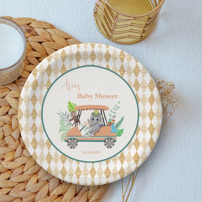 Boho Baby Elephant And Monkey Golf Baby Shower Paper Plate (Creator Uploaded)
