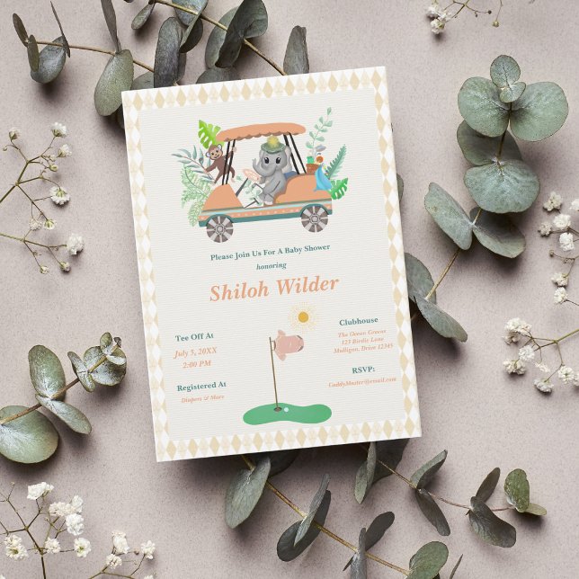 Boho Baby Elephant & Monkey Golf Baby Shower Invitation (Creator Uploaded)
