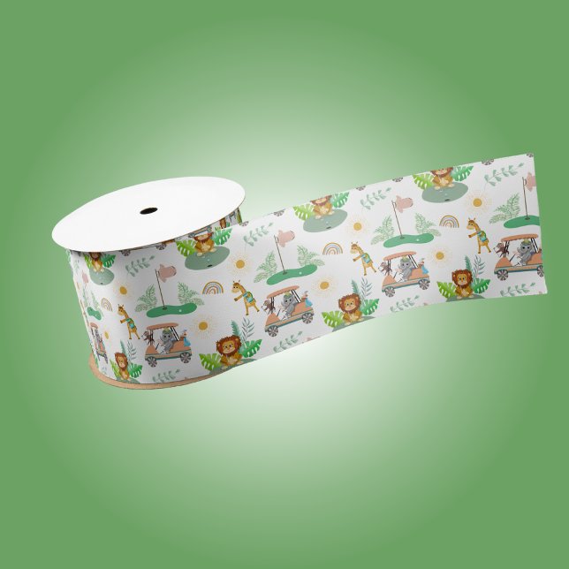Boho Baby Elephant, Monkey, Lion Golf Baby Pattern Satin Ribbon (Wrap your Baby Shower gift with this adorable Golf Themed Elephant And Monkey Ribbon!)