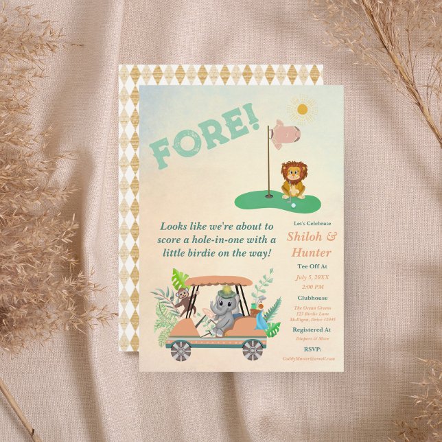 Boho Baby Elephant, Monkey, Lion Golf Baby Shower Invitation (Creator Uploaded)