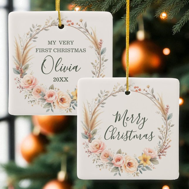Boho Baby First Merry Christmas Wildflower  Ceramic Ornament (Creator Uploaded)