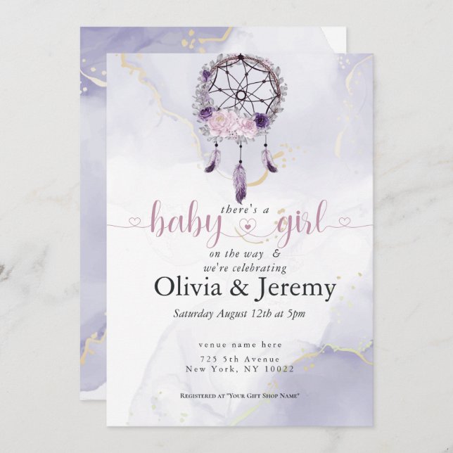 BOHO Baby Girl Amethyst Dusty Rose Dreamcatcher Invitation (Front/Back)
