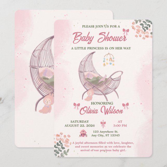 Boho Baby Girl Shower Invitation Template (Front/Back)