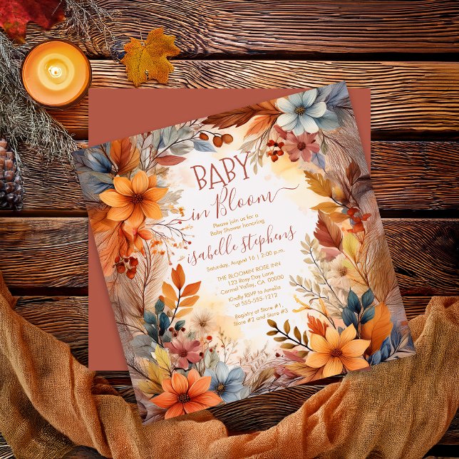 Boho Baby in Bloom Fall Floral Frame Baby Shower Invitation (Boho Baby in Bloom Fall | Autumn Floral Frame Baby Shower Square Invitation - Print | Digital )