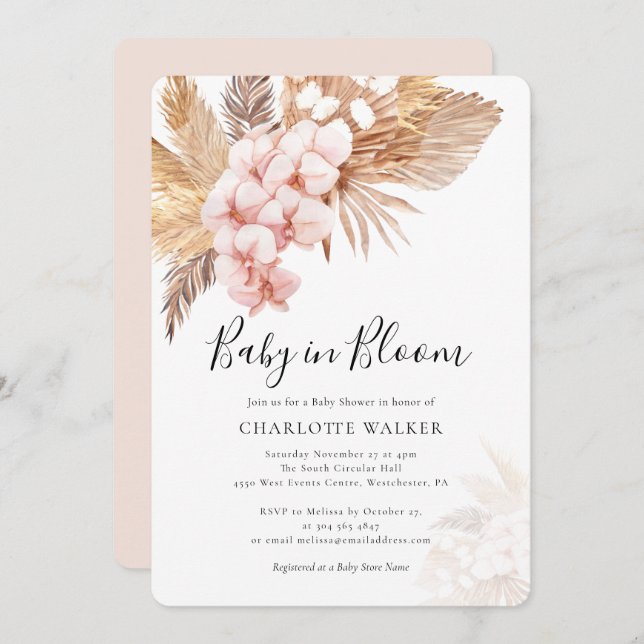 Boho Baby in Bloom Pampas Pink Floral Shower  Invitation (Front/Back)