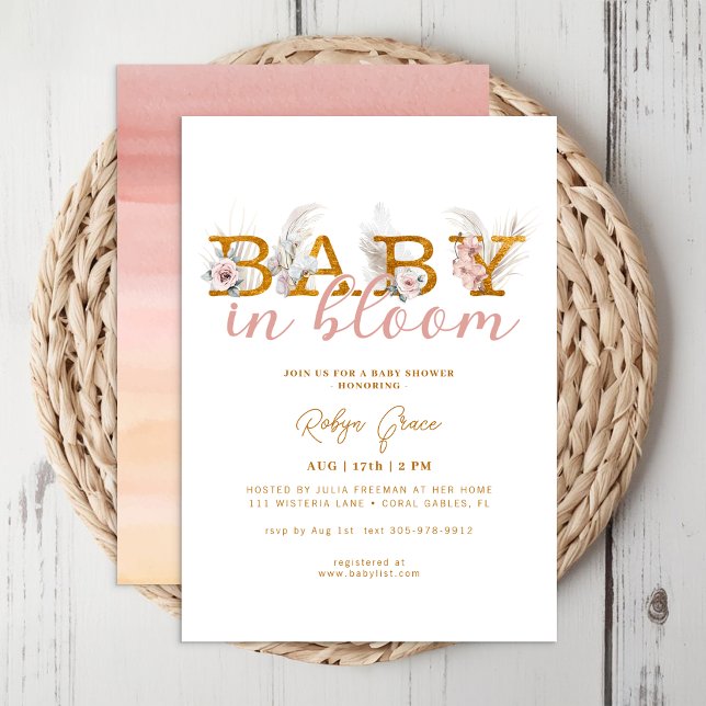 Boho Baby in Bloom Pampas Shower Invitation (Gold Boho Baby In Bloom)
