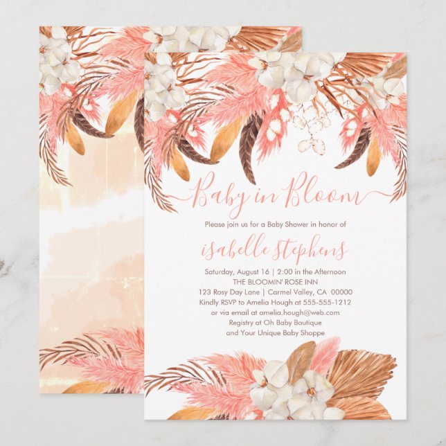 Boho Baby in Bloom Pink Pampas Grass Baby Shower I Invitation (Front/Back)