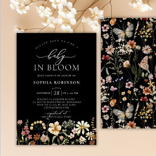 Boho Baby in Bloom Wildflower Black Baby Shower Invitation