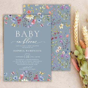 Boho Baby in Bloom Wildflower Blue Baby Shower  Invitation