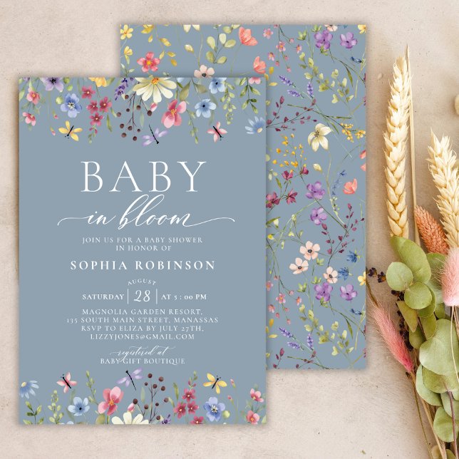 Boho Baby in Bloom Wildflower Blue Baby Shower  Invitation (Creator Uploaded)