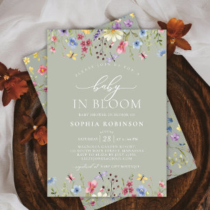 Boho Baby in Bloom Wildflower Green Baby Shower Invitation