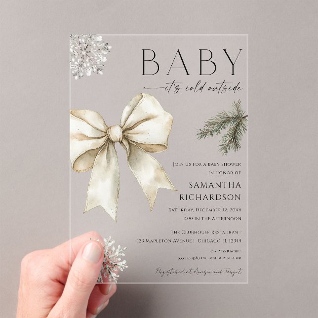 Boho Baby it's cold outside coquette bow shower Acrylic Invitations (Insitu (Handheld))